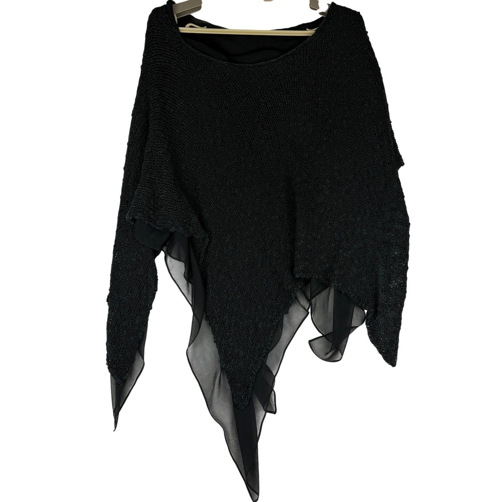 Harari Poncho Top Women Large Black Layered Chiffon Asymmetrical Knit USA